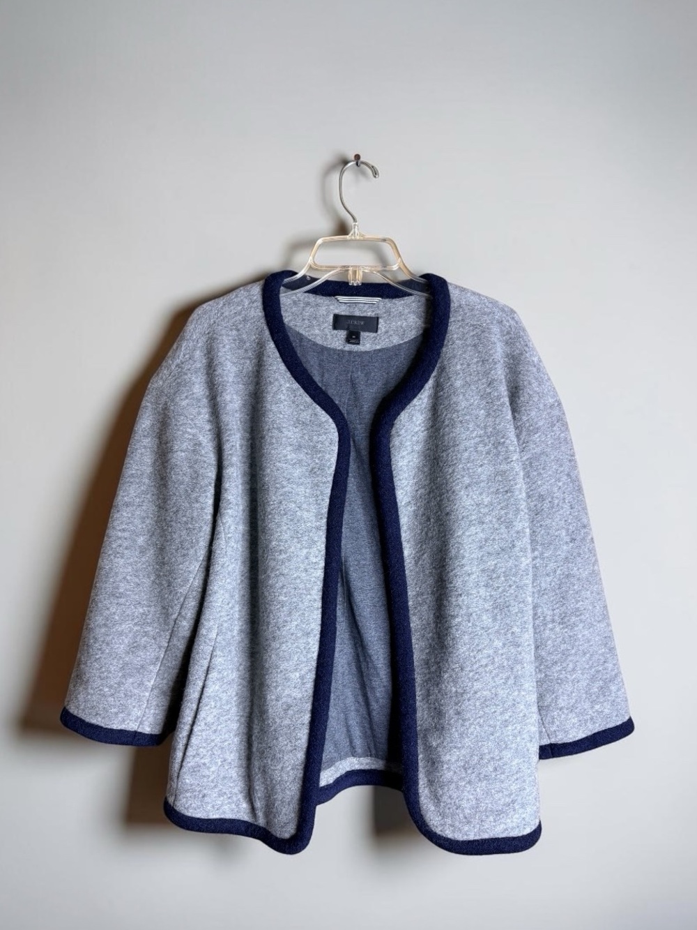 J.Crew Wool Blend Open Front Jacket Cardigan Gray Navy Trim Medium fall